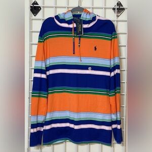 XL Polo Ralph Lauren Men's Orange Multi Stripe Jersey Hooded Shirt New With Tags
